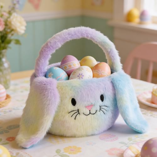 PRATIQUE Foldable Plush Easter Basket with Bunny Ears for Kids, Easter Egg Hunt Bucket with Handle, Cute Storage Bin for Candy, Toys & Gifts (Rainbow) - color: Rainbow