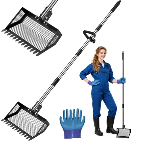 2-in-1 Chicken Poop Scooper & Rake, 3 Angles of Use with 10” Metal Shovel Head, Adjustable Stainless Steel Handle (36–76”), Chicken Poop Scoop for Sand & Bedding
