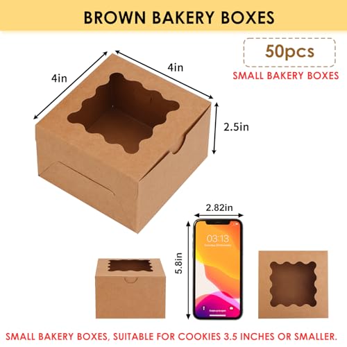 Moretoes 50pcs Small Cookie Boxes with Window, 4x4x2.5In Brown Bakery Boxes | Kraft Treat Boxes, Fit Small Cookies and Pastries, Suitable for Party Favors and Gifts - color: Brown