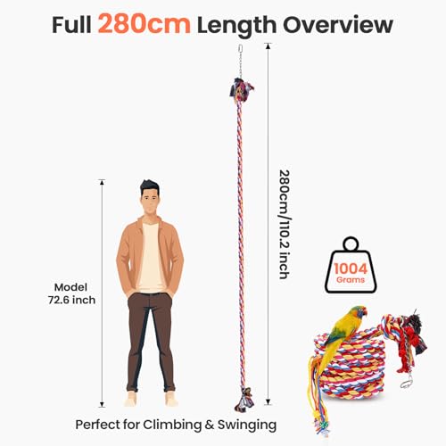 110" Ultra Long Bird Rope Perch Toys for Macaws. Heavy Duty Climbing Swing | For Cockatoos, African Greys, Amazons,Large Bird | Bell & Acrylic Enrichment Chewing Toys| 1''Thick Cotton Rope Spiral Play