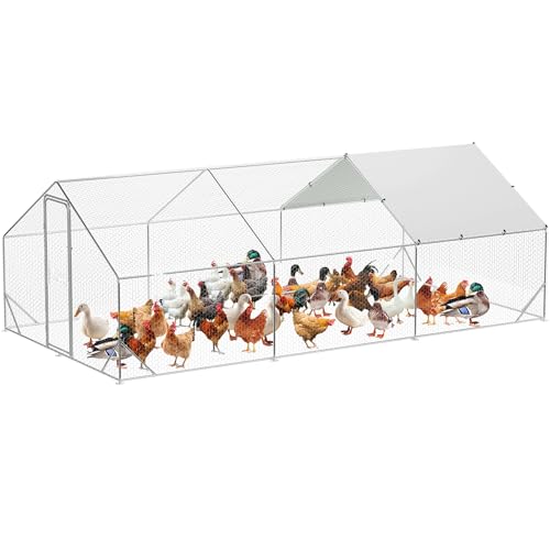 GarveeTech 6.5FT Walk in Chicken Coop Metal, Large Chicken Run with Triangular Brackets, Waterproof & Anti-UV Cover, Poultry Cage for Duck Goose Rabbit, Hen House for Yard Backyard Farm, 6.6' h - size: 9.8' x 19.7' x 6.6'