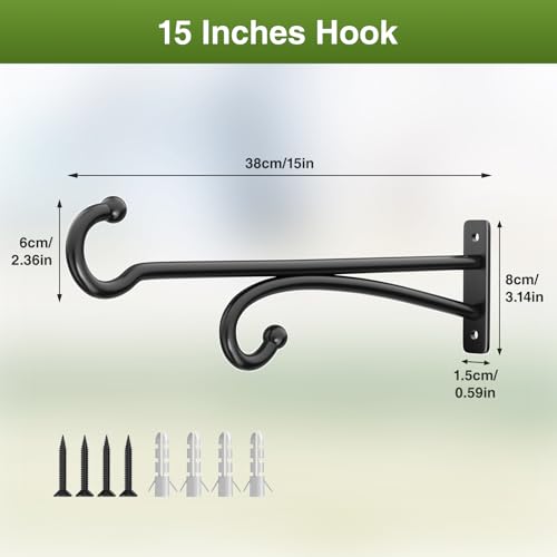 15" Plant Hooks for Hanging Baskets - Heavy Duty Metal Plant Hangers for Indoor & Outdoor Use, Wall Mount Brackets for Hanging Plants, Planters, Bird Feeders, Wind Chimes, Bird Houses - Black, 2 Pack - color: Black, size: 15 Inch