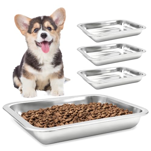 Fhiny 4 PCS Stainless Steel Dog Bowls, Metal Shallow Puppy Bowls 10"×7.5" Indoor & Outdoor Universal Dog Food Plate Whisker Fatigue Friendly Cat Dishes Easy to Clean for Puppy Kitten Doggy 1.2" H