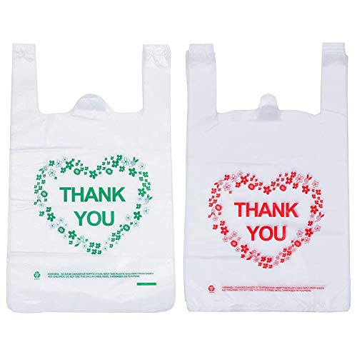 LazyMe Thank You Plastic Bags with Handles, T Shirt Bags 12x20 Inch, 100 Ct | Includes 50 Red Print and 50 Green Print Thank You Bags, Plastic Grocery Bags for Small Business and Retail Stores - color: white