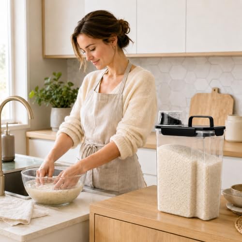 10 Lbs Rice Storage Container Dispenser, Slim Food Bin for Cereal, Flour | Airtight Sturdy Plastic Dry Food Container with Wide Pour Spout for Grain, Oatmeal, Bean, 5 Lbs Dog, Cat, Pet Food, Bird Seed - color: Black