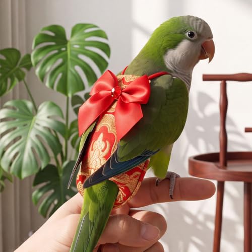 Escape-Proof Adjustable Parrot Flight Suit with Chinese Brocade Bow, Reusable Washable Bird Diaper Clothing for Cockatiels, Parakeets, Monk Parrots, Sun Conures & Mini Macaws (Red Nylon-S) - size: Red nylon-S