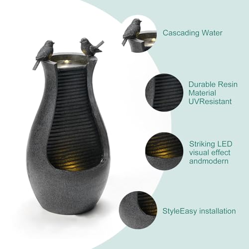 25" Outdoor Water Fountain - Durable Polyresin Bird Bath Style Waterfall with LED Lights & Adjustable Pump, Serene Water Fountain Outdoor for Garden, Patio, Deck, and Backyard Decor (25.59") - size: 25.59"