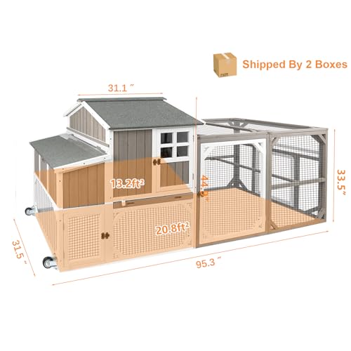 PetsCosset 95.3" L Portable Chicken Coop Tractor Hen House with Nesting Box,Chicken Coops Chicken House,2 Story Wooden Indoor Outdoor Poultry Cage for 3-5 Chicken with 6 Access,Pull-Out Tray,Grey - size: 95.3" L - Grey