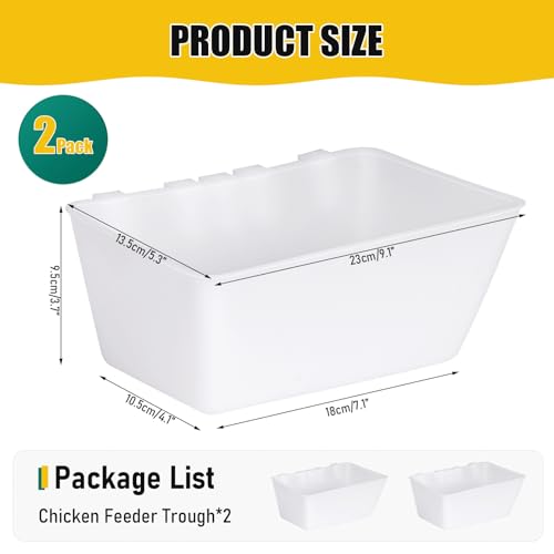2 Pack Chicken Feeder Waterer 2.5 Quart Hanging Poultry Feeders Trough | Versatile Chicken Feeding Container with Hooks for Duck Goose Rabbit Duck Feeder Poultry and Livestock Water Trough（White） - color: White