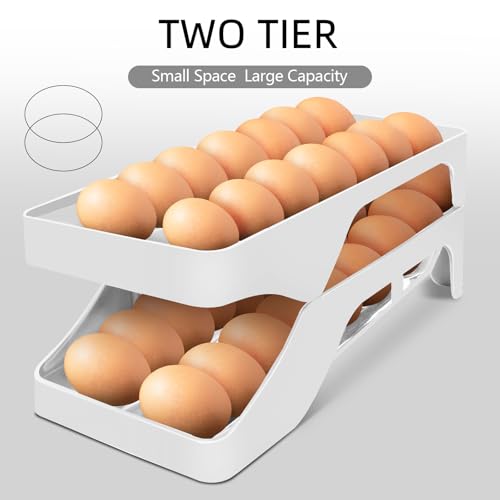 Egg Holder for Fridge Automatic Rolling Egg Dispenser for Refrigerator Kitchen Countertop - Space-saving Egg Roller/Organizer/Storage/Container/Tray for Fridge Double Track - color: Grey