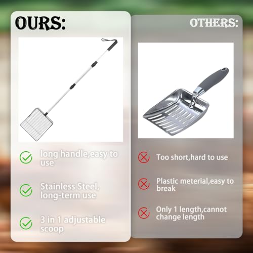 LUSTERING Chicken Poop Scooper, Chicken Coop Accessories, Detachable Chicken Poop Cleaning Tools,Chicken Accessories Poop Shovel for Chicken Coop Cleaning Supplies,(23 to 43.3inches) (Stainless Steel)