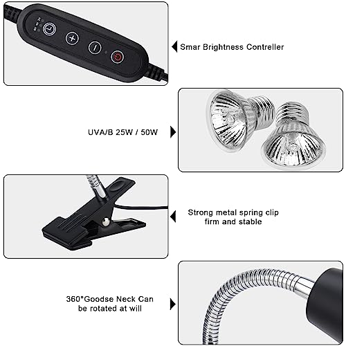 Reptile Heat Lamps, UVA/UVB Turtle Heat Lamp,Turtle Aquarium Light Bulbs, Heating Lamps with Cycle Timer, 360° Rotatable Heat Lamp for Lizard Turtle Snake Aquarium Aquatic Plants,2 Heat Bulbs - color: Light Stand With Timed Start and Stop and Dimmer