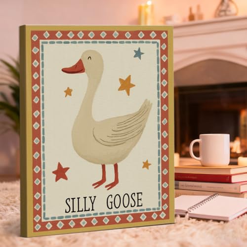 YJIKRTVT Whimsical Silly Goose Canvas Wall Art, Funny Vintage Farmhouse Animal Painting, Rustic Nursery Bedroom Living Room Decoration, 8x10 Inch - color: Goose