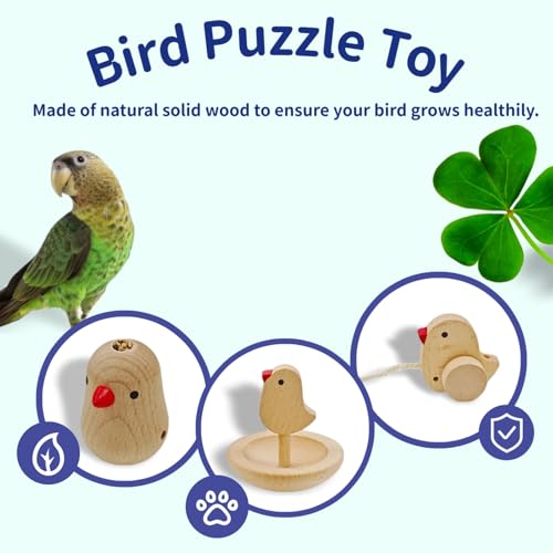 All-Natural Wood Parrot Foraging Toy Mental Stimulation Puzzle for Macaw, Cockatiel, Parakeet to Prevent Boredom Anxiety Interactive Bird Toy (Small, Bird Wobble Wiggle)