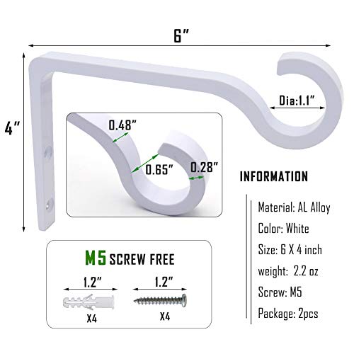 6inch Al-Alloy Hanging Plant Bracket White 2 Pack | Hanging Bird Feeder, Lantern, Flower Basket | Rust-proof | Max 22lb Load | Shepherd Hooks | Outdoor Indoor, Screws & Anchors - color: White, size: 6in Aluminum Alloy