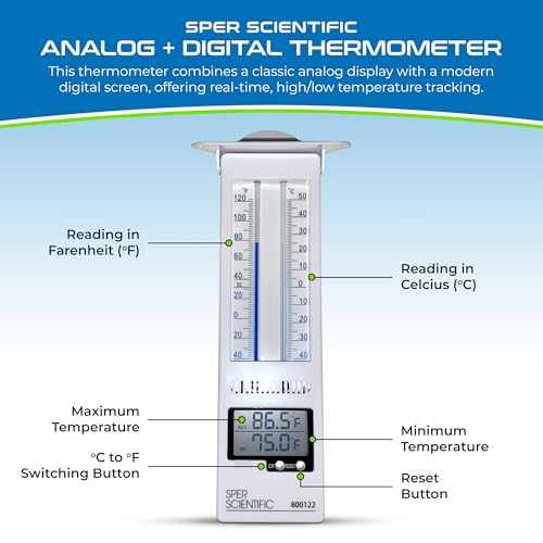 Sper Scientific Analog & Digital Min/Max Thermometer 800122 - Accurate Temperature Tracking, Weather-Resistant Design, Dual Display for Indoor & Outdoor Use, Ideal for Greenhouses, Labs & More - 2 pc - size: 2 Pack