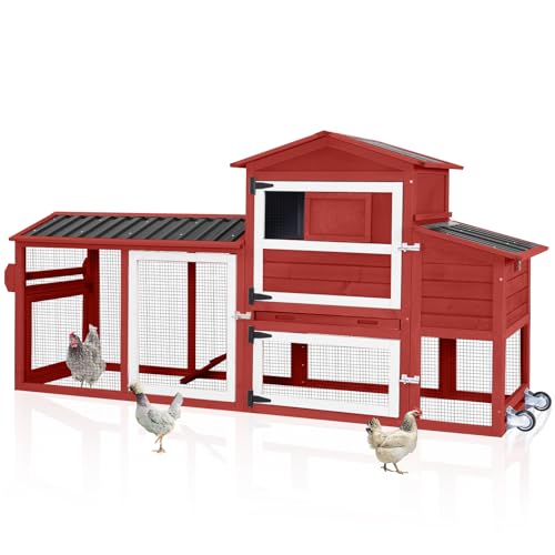 Aivituvin 83in Chicken Coop Mobile Hen House Outdoor Wooden Poultry Cage with Wheels Nesting Box Run for 4-6 Chickens Red - color: Red, size: 83.3"L x 26.0"W x 42.0"H