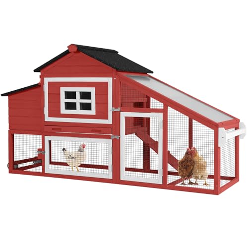 GUTINNEEN Chicken Coop Outdoor with Run Wooden Mobile Hen House with Wheels Poultry Cage with Nesting Box,Leakproof Pull-on Tray