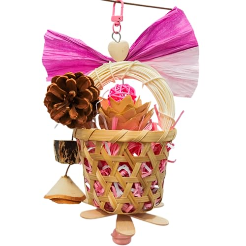 Bird Toys Foraging Shredder Hanging Toys Rope Perch with Bell Parakeet Toy Parrot Swing Climbing Standing Toys Bird Cage Accessories for Conure Cockatiel Budgies Lovebird, Pink - color: Pink