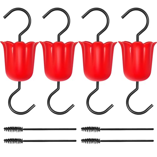 Ant Moat for Hummingbird Feeders, 4 Pack 4 OZ Ant Guard | Fits hummingbird & oriole feeders, Features leakproof red flower design, Includes durable hooks & cleaning brushes