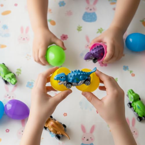 Holydeck 6 Pcs Prefilled Easter Eggs with Metal Dinosaur Car Toys Vehicles Set for Kids Girls Boys Easter Basket Stuffers Party Favors Easter Egg Fillers Hunt