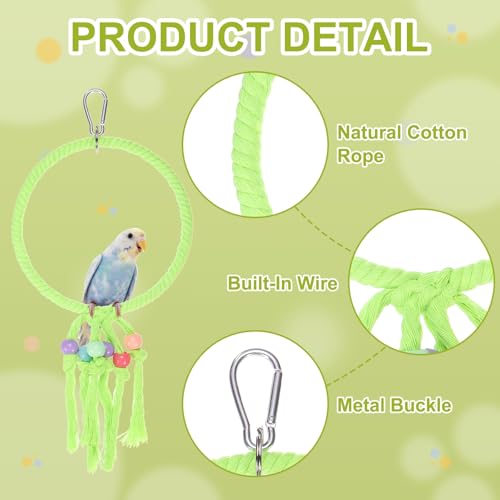 Bird Rope Perch Swing, Rope Ring Perch Standing Pole Accessory Climbing Swing Paw Grinding 14 Inch, (Green) Intended for Parrot/Parakeet/Budgies/Cockatiels/Lovebirds - color: Green, size: 14 Inch