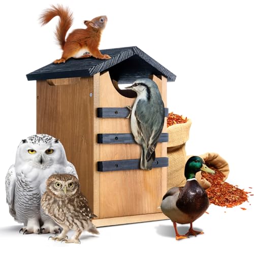 Cedar Squirrel House,Barn Owl Nesting Box, Bird House Outside,Duck Nesting Shelter,Rustic Big Squirrel Shelter & Birdhouse Combo,Wooden Heavy Wildlife Box,Carbonized Assemble Needed