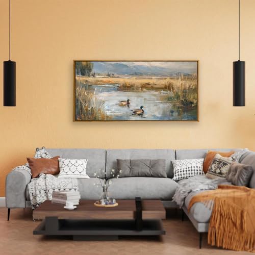 QTUSYUR Mallard Duck Pond Wall Art - Large Farmed Vintage Countryside Art Print -Wildlife Canvas Artwork for Farmhouse Cabin Bird Hunter- Rustic Lake Wild Ducks Wall Picture for Home Decor 20×40 IN - style: Mallard Duck