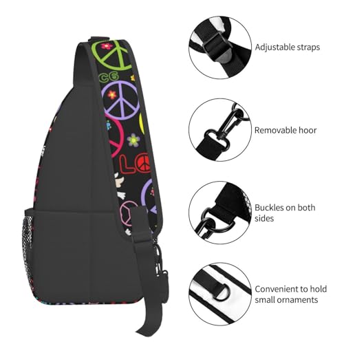 Abstract Hippie Peace Sign Flower 60s 70s Sling Backpack Crossbody Shoulder Bag Chest Bag Travel Chest Pack Casual Daypack For Women Men Hiking Sports Working - color: Black5