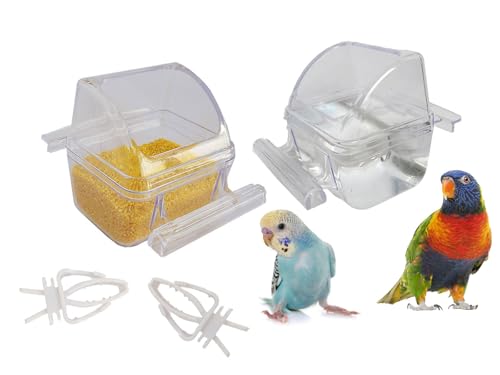 2 Pack Bird Feeders for Cage No Mess Parakeet Food Bowl with Cover Clear Hanging Parrot Water Dispenser Perch Cup Waterer Bird Dishes Seed Cage Cups Slot Replacement Feeder Bowls - color: Clear Transparent