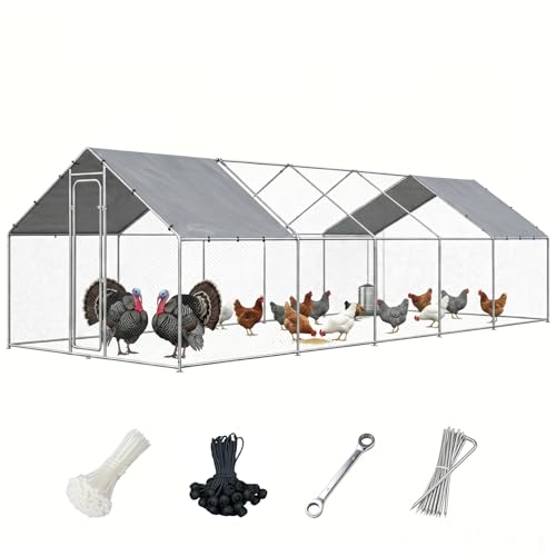 Metal Chicken Coop with Waterproof Pitched Roof, 32.8×9.8×6.4ft | Thickened Steel Frame, Predator-Proof Wire, Weatherproof & UV Resistant Cover, Detailed Assembly Guide & Tool Kit - size: 393.6"L x 118.1"W x 76.8"H