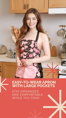 Lovely Flower Pattern Retro Aprons With Large Pockets for Women Girls Cooking Kitchen Bakery Mother's Gift - color: Pink Bloom