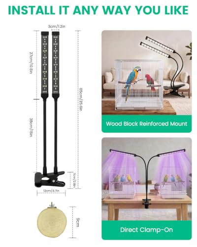 Bird Cage Light with UVA UVB, Full Spectrum Bird Lamp for Parrots | Dual-Head, 3 Modes, 4 UVB Levels (1.0-3.5), 24H Timer, 68 LEDs, Solid Wood Perch Included