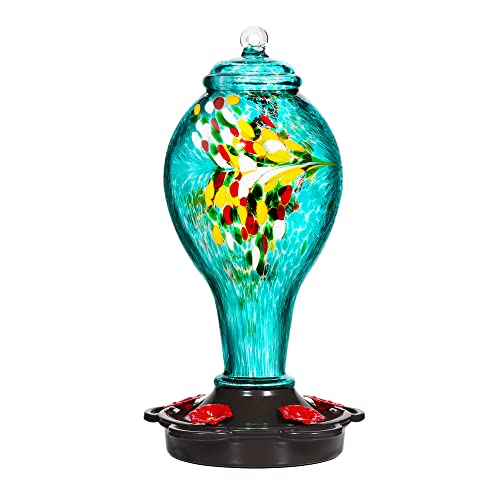 LUJII Hummingbird Feeder for Outdoors, Hand Blown Glass Humming Bird Feeder, Anti Fade Leakproof with 25 Ounces Nectar Capacity, Easy to Install Clean Refill, Include Hook & Ant Moat (Teal) - color: Blue, size: Small