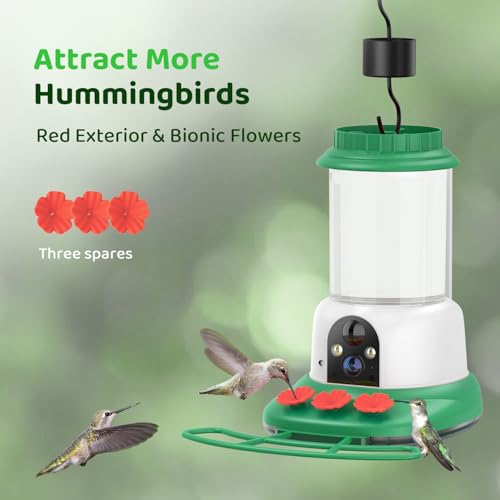 SEHMUA Smart Hummingbird Feeder with Camera, Solar Powered Humming Bird Camera Feeder with 1-Year AI Bird Identification Trial, Ant Moat & Bee-Proof, Outdoor Hanging, Gift for Bird Watching - color: Green