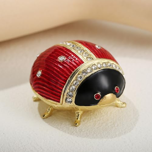 Hand Painted Enameled Ladybug Trinket Box, Hinged Unique Mini Ring Necklace Jewelry Organizer, Classical Bejeweled Storage, Figurine Collectible Keepsake Home Decor (LadyBug-1) - color: LadyBug-1