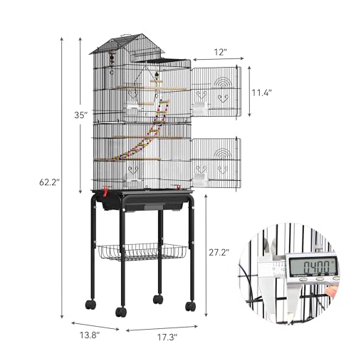 YITAHOME 62 inch Metal Bird Cage, Large Parakeet Cages | Bird Cage for Parrot, Cockatiel, Lovebird, Pigeon with Roof Top, Rolling Stand and Hanging Accessories - color: Black