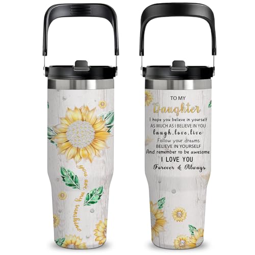 30oz Diamond Sunflower Tumbler - Stylish Floral Water Bottle with Handle & Flip Straw, Inspirational Sunflower Gifts for Women, Daughter, Girl, Leakproof Travel Cup for Work, Gym & Daily Use - color: Daughter1