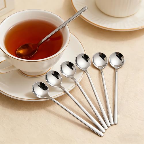 Long-handled Mirror-Finish Small Round Stainless Steel Spoon, Suitable for Scooping Bird's Nest, Honey, Coffee, Milk Powder, Sugar, Cocoa Powder and Other Foods & Desserts (6pcs 5.9", Silver) - size: 5.9in, style: 6Pcs Silver