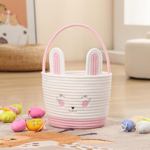 Easter Baskets for Easter Egg with Handle Woven Empty Hunt Boys' Lovely Bunny Rabbit Colorful Woven Basket First Easter Gifts for Boys, Babies, Kids, and Children (Pink) - color: Pink