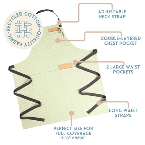 Chef Aprons for Women with Pockets, Adjustable Bib Aprons for Cooking - color: Sage Green Pinstriped