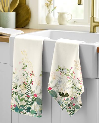 150GSM Flour Sack Kitchen Towels Set of 2, Ink Flowers | 18"x26", Lightweight, Lint-Free, Pure Cotton, Decorative, with Hanging Loop, Absorbent, Softer after Wash, Giftable Package - color: Ink Flowers