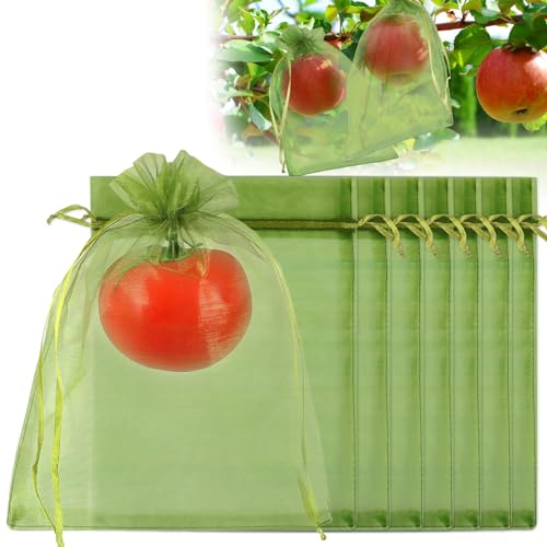 Shintop 100Pcs Fruit Protection Bags, 6x9inch Green Fruit Tree Net Cover | Drawstring Mesh Tomato Bags, Fine Mesh Blocks Bugs, Breathable Sheer Organza, Gentle on Delicate Stems, Fits Apples, Mango - size: 6x9 inch
