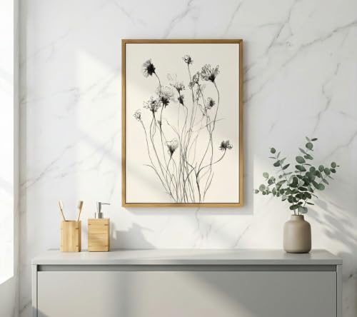 Floating Framed Vintage Wildflower Canvas Wall Art, Black White Line Sketch Flower Painting Picture Wall Decor, Neutral Rustic Boho Poster Print Artwork for Living Room, Home Decoration 8x10in - color: Flower sketch, size: 10"L x 8"W