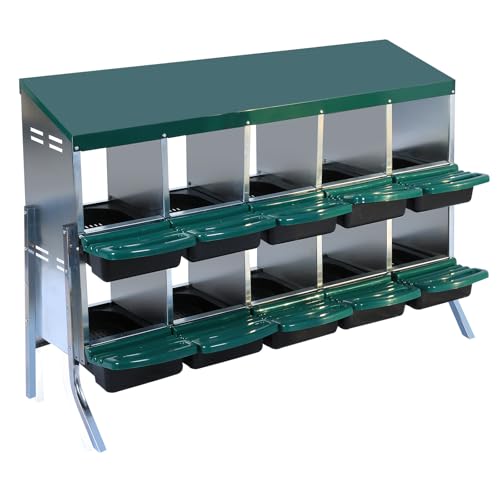Chicken Nesting Box, Green 10 Hole Chicken Laying Box with Bracket, Tray for Egg Collection, Large Holes for Ventilation, Suitable for Chickens & Ducks - color: Green, size: 59.1"L x 23.6"W x 35.4"H