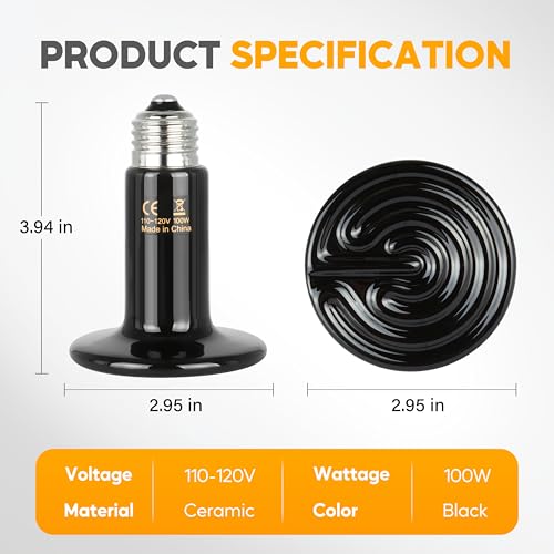 HealSmart 100W Reptile Heat Lamp Ceramic Heat Emitter, No Light Emitting Heat Bulbs, Suitable for Snake/Lizard/Spider, Plant Growth and Incubating Chicken, 2-Pack - size: 100 Watts, style: D-75mm (2.95")
