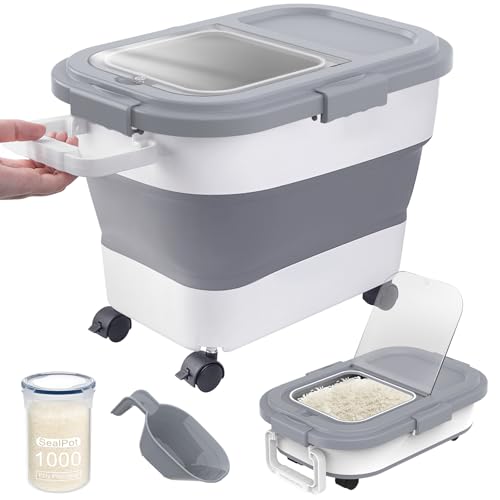 HOYTAMDA 20-30Lbs Rice Container,Collapsible Food Storage Container Wheels | Rice Storage Container with Airtight Locking Lid,Handle,Small Bin &Scoop,Rice Dispenser for Flour Sugar Cereal Grain Dog Cat - color: Grey/20-30lbs