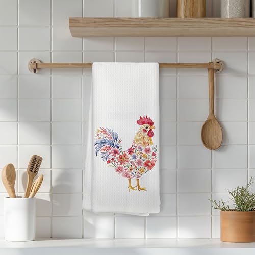 Rustic Floral Rooster Kitchen Towels, Gifts for Chicken Lovers Dish Tea Towels for Kitchen Decor, Farmhouse Flower Chicken Hand Towel for Bathroom, 16x24 Inch - color: 12color