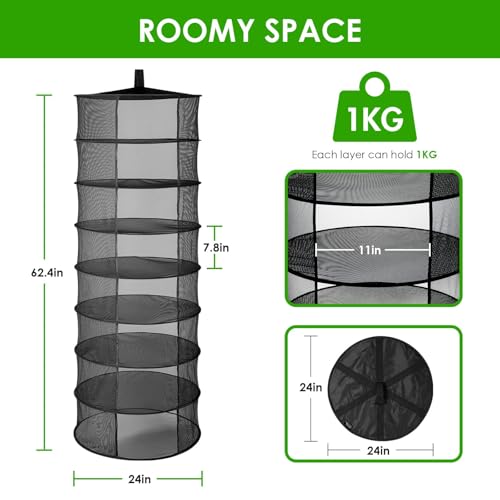 iPower Herb Drying Rack 8-Layer 2ft Mesh Hanging Net Dryer Collapsible with Opendoor, Pothook and Storage Bag, for Hydroponics Flowers, Buds, Fruits, Seafoods, Clothes, 2 Packs - size: 8-Layer Open