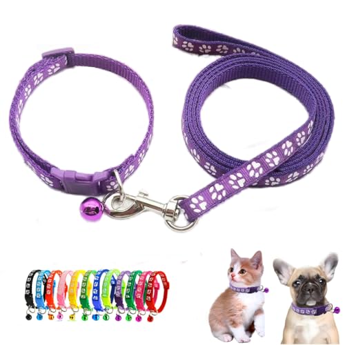Puppy Dog Collar with Bell Leash Set,Cat Kitten Collars Dark Purple XXS,XS | Paw Print Reflective Dog Collar Leash Set with Bell, Basic Nylon Boy Girls Pet Collar Adjustable For XXS XS S Tiny Puppies - color: dark purple